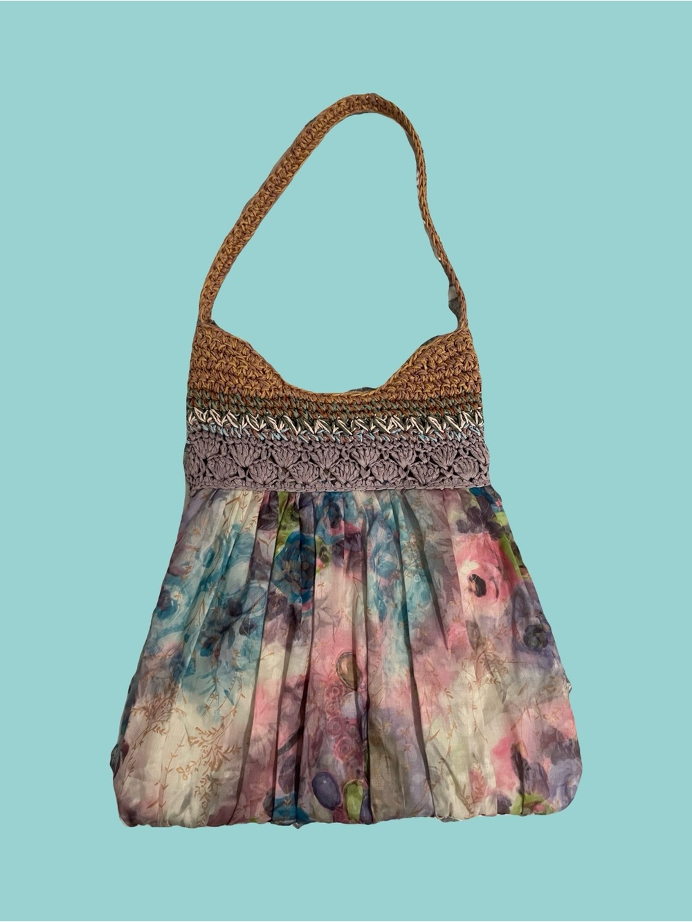 Crochet-Trim Floral Shoulder Bag in Multicolor